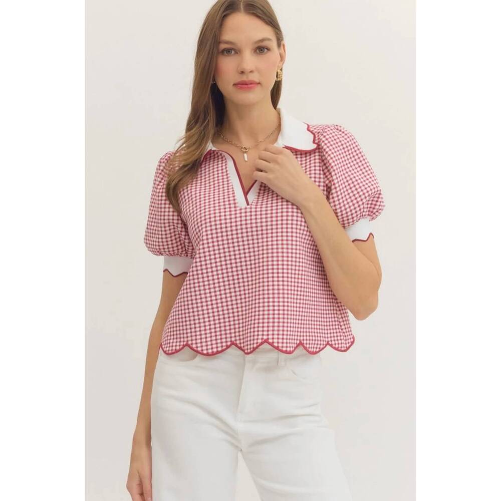 NEW ENTRO fresh picked gingham scallop blouse in red - Picture 1 of 5